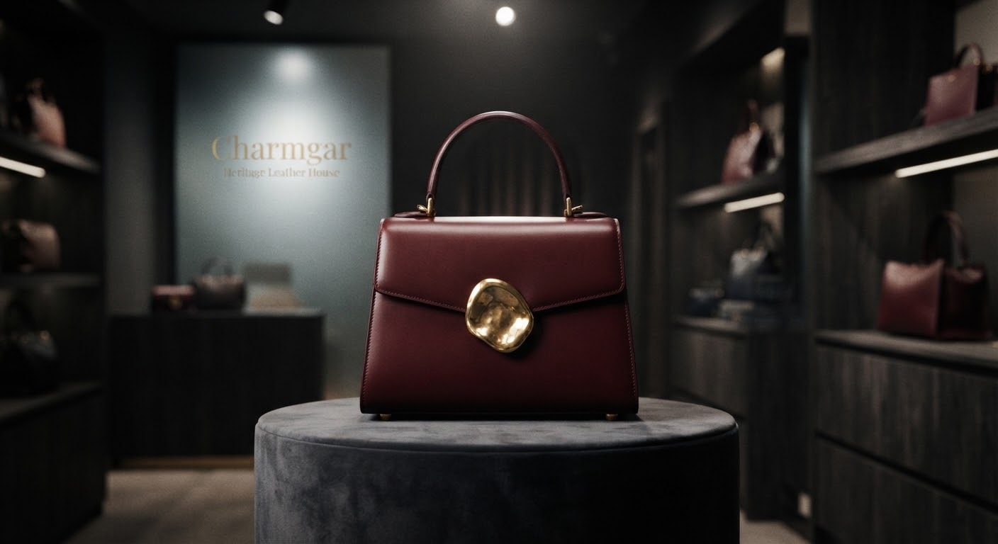 Designer leather purse in deep burgundy with sculptural gold clasp